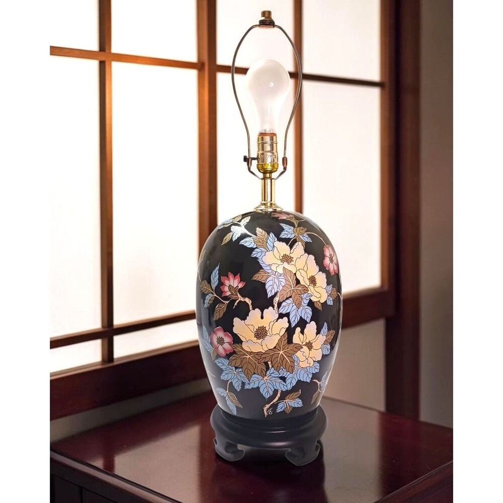 Vtg Oriental Chinese Black Ceramic Ginger Jar 26" Table Lamp Floral Chinoiserie
